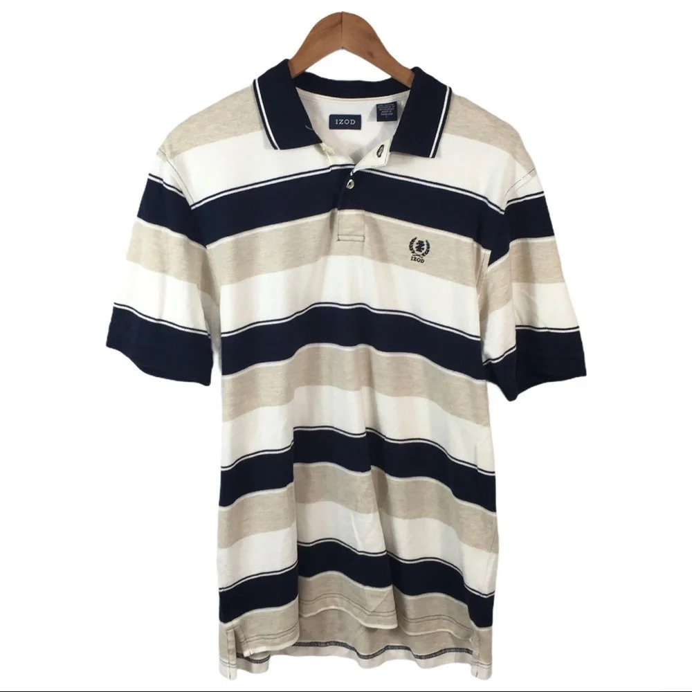 PO349 Vintage Izod Designer Striped Short Sleeve Polo Shirt L